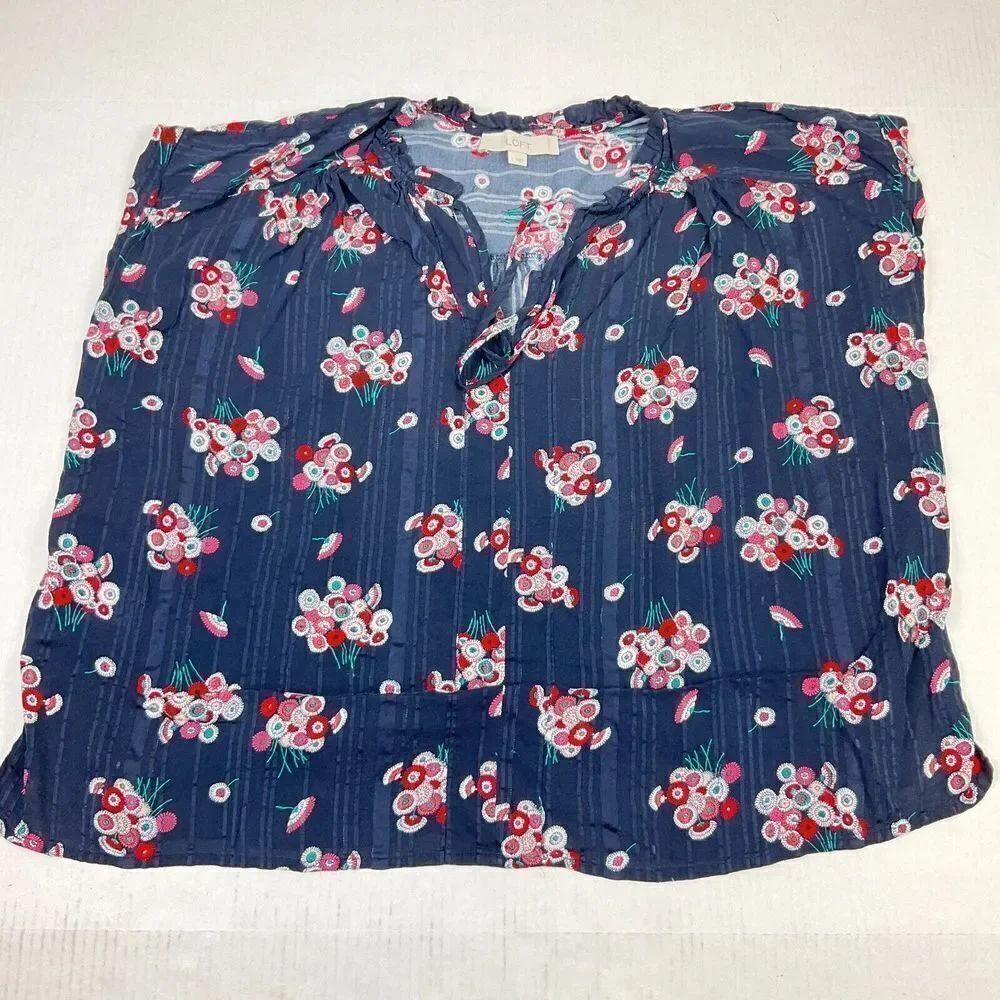 LOFT Womens Neck Tie Blouse Mixed Print V-Neck Cap Short Sleeve Boxy Fit L Large